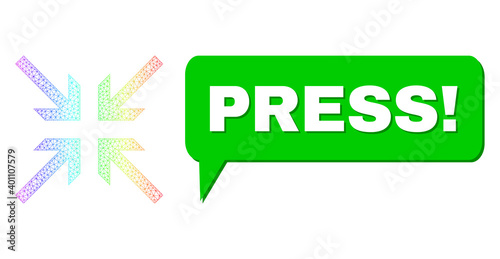 Press! and collide arrows vector. Spectrum vibrant network collide arrows, and chat Press! cloud frame. Chat colored Press! cloud has shadow. Vector carcass created from collide arrows icon with mesh.