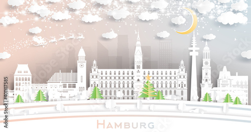 Hamburg Germany City Skyline in Paper Cut Style with Snowflakes, Moon and Neon Garland.
