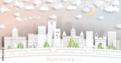 Hartford Connecticut USA City Skyline in Paper Cut Style with Snowflakes, Moon and Neon Garland.