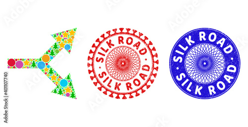 Bifurcation arrow right collage of Christmas symbols, such as stars, fir trees, color balls, and SILK ROAD dirty stamps. Vector SILK ROAD stamps uses guilloche pattern,