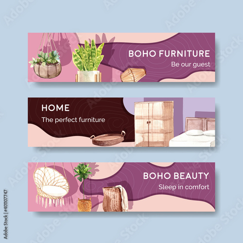 Banner template with boho furniture concept design for advertise and marketing watercolor vector illustration