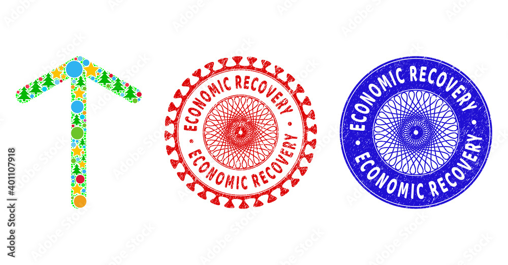 Arrow up composition of Christmas symbols, such as stars, fir-trees, colored round items, and ECONOMIC RECOVERY rubber stamps. Vector ECONOMIC RECOVERY stamps uses guilloche pattern, Arrow up composition of Christmas symbols, such as stars, fir-trees, colored round items, and ECONOMIC RECOVERY rubber stamps. Vector ECONOMIC RECOVERY stamps uses guilloche pattern,