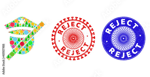 Closed police mosaic of New Year symbols, such as stars, fir-trees, color round items, and REJECT rough seals. Vector REJECT stamps uses guilloche ornament, designed in red and blue variants. Stars,
