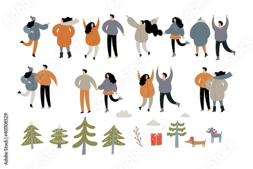 Vector people hurrying for a great Christmas sale to the shop.  People are buying gifts for New Year. Vector illustration in cartoon style © NadezdaBarkova