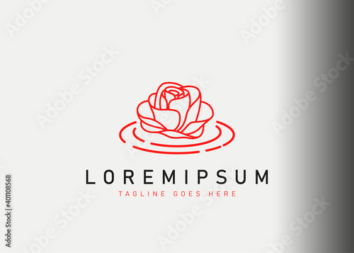 Floating flower logo design. Vector illustration of flowers floating above the liquid water. Modern logo design with line art style.