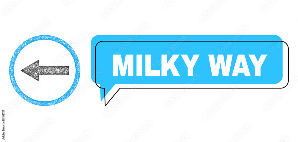 Chat Milky Way blue bubble frame and network left rounded arrow. Frame and colored area are shifted to Milky Way text, which is located inside blue colored speech balloon. Chat Milky Way blue bubble frame and network left rounded arrow. Frame and colored area are shifted to Milky Way text, which is located inside blue colored speech balloon.