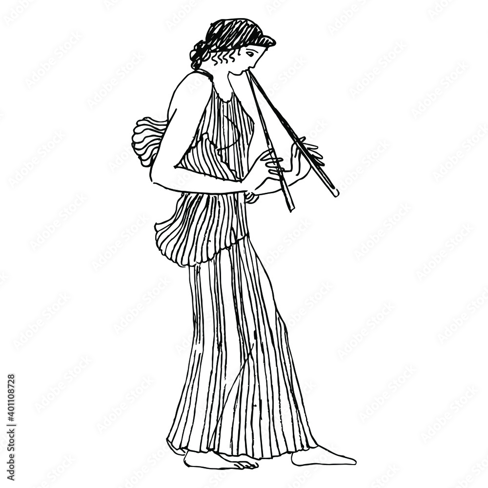 Ancient Greek girl playing the flute. Hand drawn linear doodle ink
