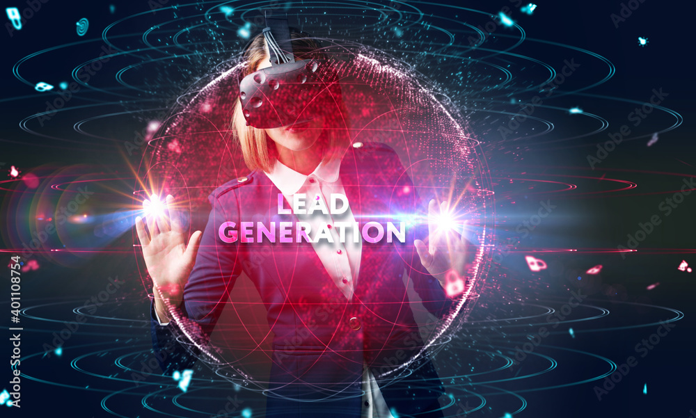 Obraz premium Business, technology, internet and networking concept. Young entrepreneur showing keyword: Lead generation