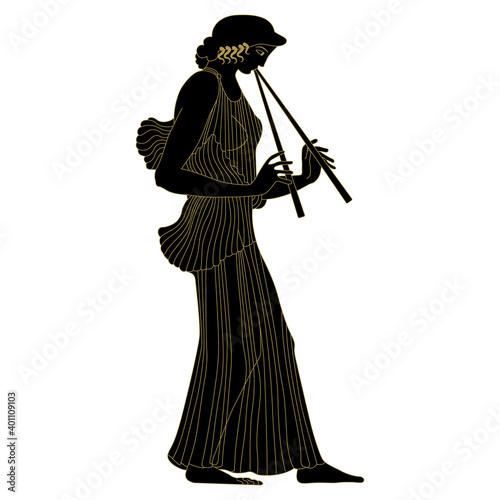 Ancient Greek girl playing the flute. Vase painting style. Monochrome black and gold silhouette.