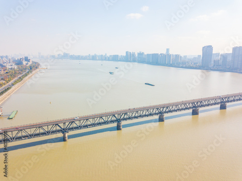 Aerial view of the Qiantang river bridge, the landmark in Hangzhou, China.
