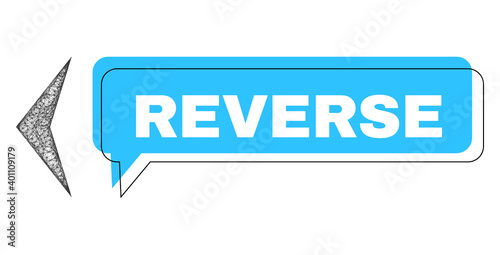 Chat Reverse blue bubble frame and network arrowhead left. Frame and colored area are shifted for Reverse label, which is located inside blue colored banner. Vector quote caption inside chat frame.