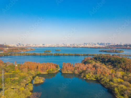 Aerial view of the panorama of the west lake in Hangzhou, China, autumn time.