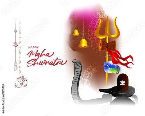 Vector illustration of Maha Shivratri banner with trishula, lingam, bells and God Shiva, Hindu festival Shivratri poster.