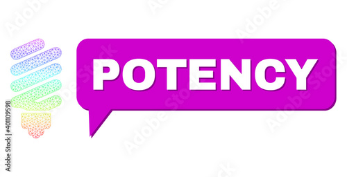 Potency and fluorescent bulb vector. Rainbow colorful net fluorescent bulb, and conversation Potency cloud message. Conversation colored Potency cloud has shadow.