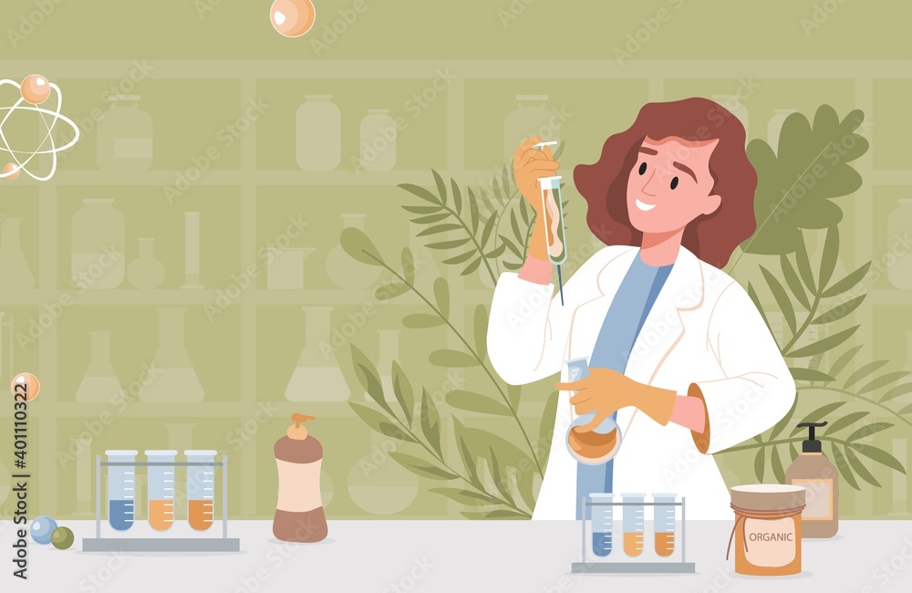 Pharmacist or scientist invents natural organic formula of cosmetics vector flat illustration. Young woman in lab coat holding syringe with natural herbal serum. Organic cosmetics from laboratory. Pharmacist or scientist invents natural organic formula of cosmetics vector flat illustration. Young woman in lab coat holding syringe with natural herbal serum. Organic cosmetics from laboratory.