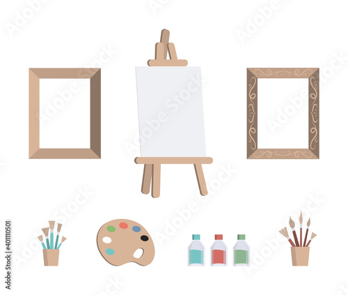 Set of art tools for drawing on white background. Frames for paintings, canvas on easel, cup with brushes, color palette with paints, cans with paints vector flat illustration. Creative hobby concept.