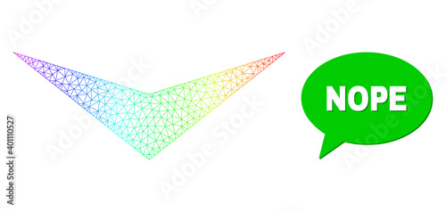 Nope and arrowhead down vector. Spectral vibrant mesh arrowhead down, and conversation Nope cloud message. Conversation colored Nope cloud has shadow.