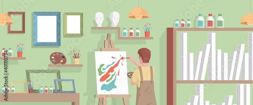 Young artist drawing abstract picture on canvas in art studio vector flat illustration. Boy drawing in workshop interior with brushes, paints, frames for drawings. Creative hobby concept.