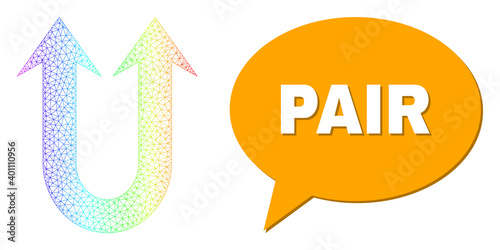 Pair and double forward arrow vector. Spectral colored net double forward arrow, and conversation Pair cloud frame. Conversation colored Pair bubble has shadow.