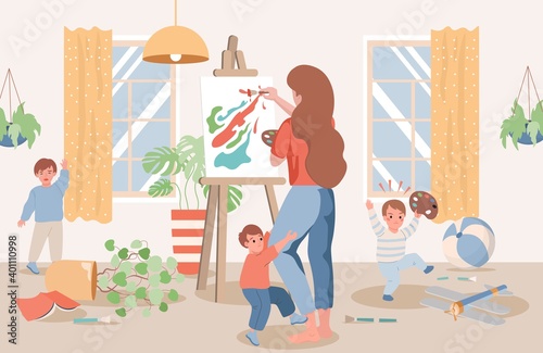 Young mother drawing abstract picture, children naughty and demanding attention vector flat illustration. Messy living room interior design with domestic plants in pots. Mother of three kids drawing.