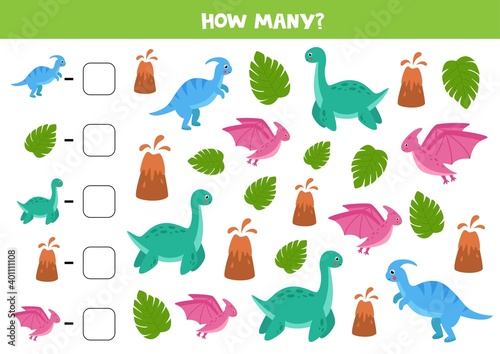 Counting game with cute cartoon dinosaurs. Math worksheet.