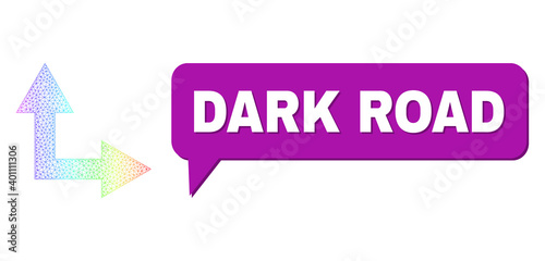 Dark Road and bifurcation arrow right up vector. Rainbow colored network bifurcation arrow right up, and chat Dark Road bubble frame. Chat colored Dark Road bubble has shadow.