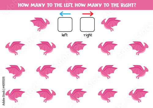 Left or right with cute pink pterodactyl. Logical worksheet for preschoolers.