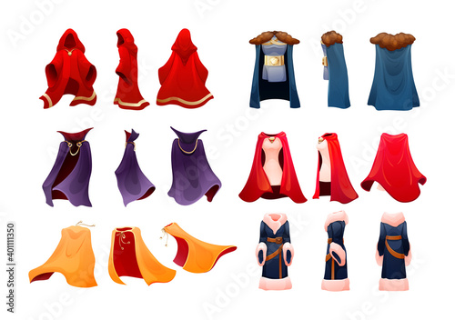 Realistic magic red cape of cloak costume, Dracula vampire carnival costume, women superhero, military leader, princely commander. Carnival medieval king cloak. Clothing front back behind view