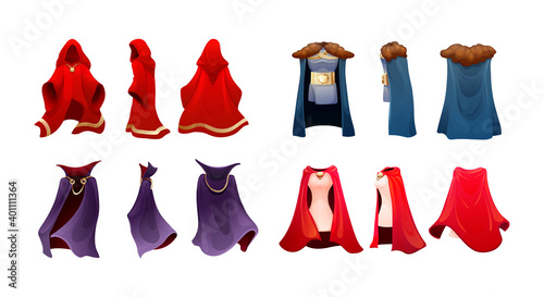 Realistic magic red cape of cloak costume, Dracula vampire carnival costume, women superhero, military leader, princely commander. Carnival medieval king cloak. Clothing front back behind view