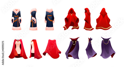 Realistic magic red cape of cloak costume, Dracula vampire carnival costume, women superhero, military leader, princely commander. Carnival medieval king cloak. Clothing front back behind view