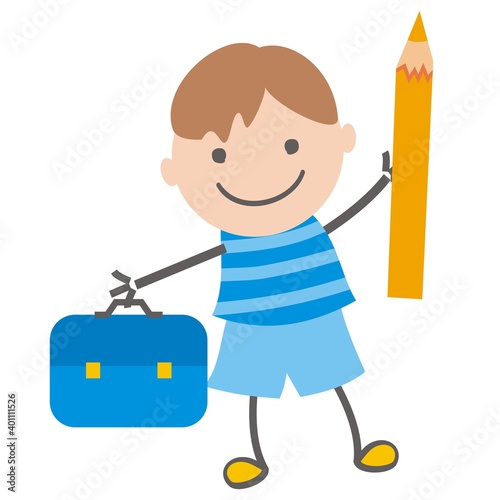 Boy and school bag and crayon, funny vector illustration