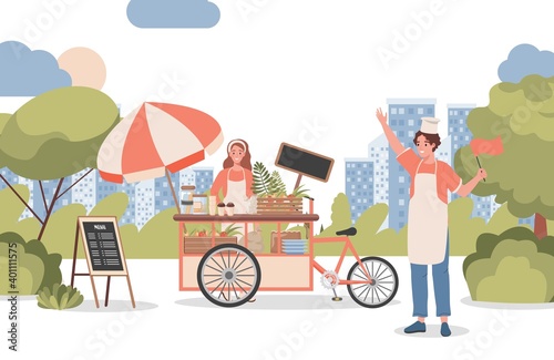Woman and man selling coffee and other beverages in city park vector flat illustration. Smiling woman standing near street cart, happy man waving hand and welcoming to shop. Street food concept.