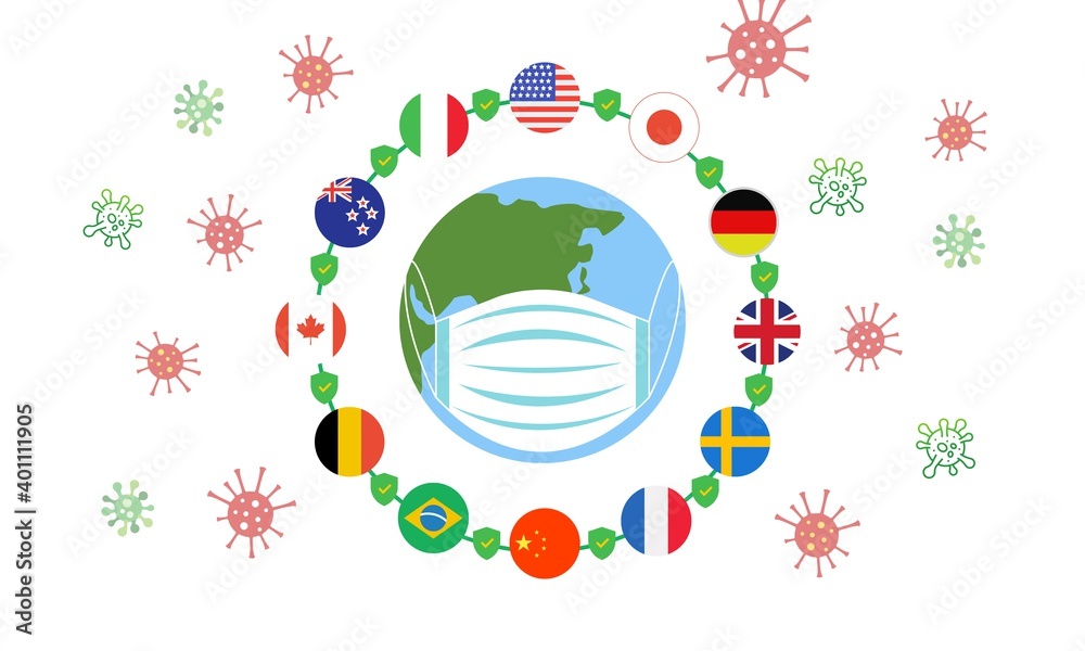Earth wearing mask with various international country protection virus background 