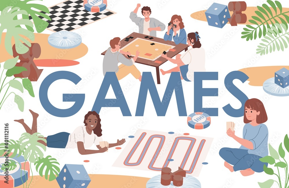 Games vector flat banner template with text space. Happy smiling people in comfort clothes playing board games. Indoor entertainment, group of people, men and women spending time to each other.