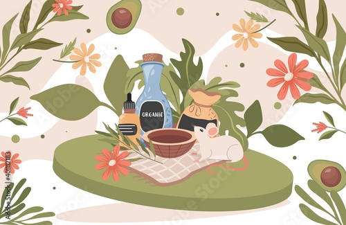 Natural organic cosmetics not tested on animals vector flat composition. Bottles with cosmetics and cute little mouse, fresh flowers, herbs and avocado. Spa beauty ingredients.