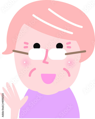 ほわほわタッチ、イラスト、ベクター、カット、かわいい、お年寄り、高齢者、60代、70代、年配、笑顔、上半身、カット、女性、白髪、笑顔、手をふる、老眼鏡、眼鏡、ショートカット、おばあちゃん、祖母