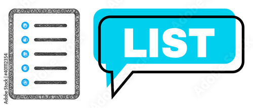 Speech List blue cloud message and net list page. Frame and colored area are misplaced for List text, which is located inside blue colored speech balloon. Vector quote text inside talking frame.