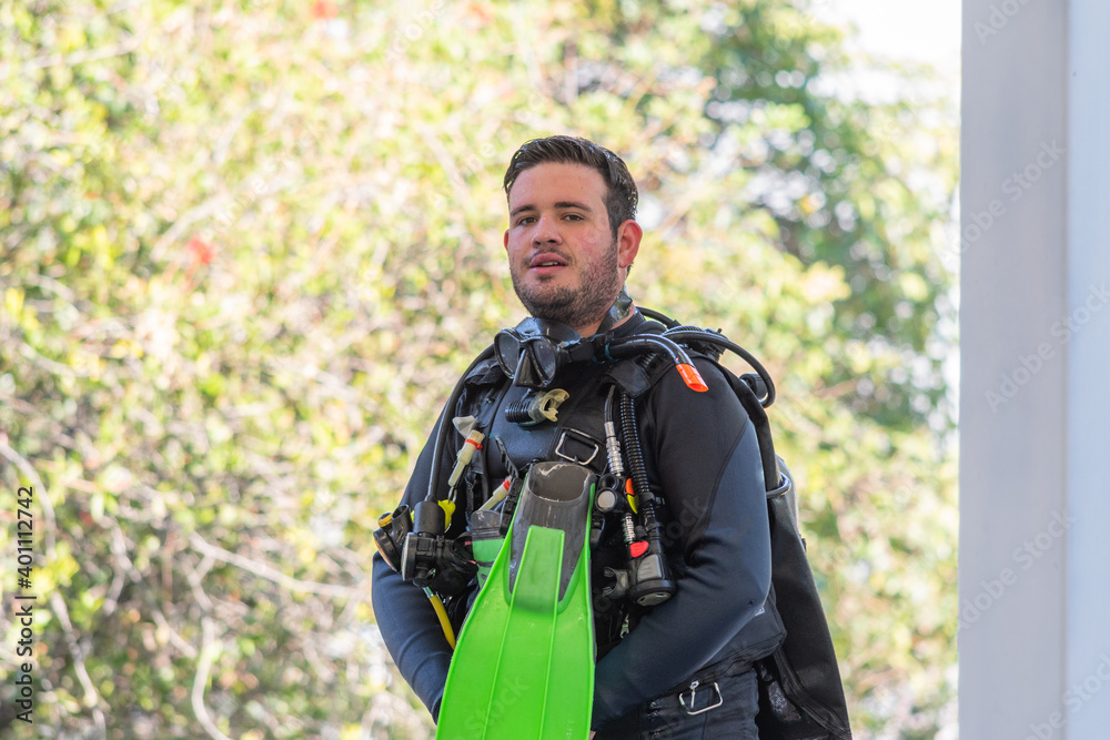 portrait of diver with his equipment on