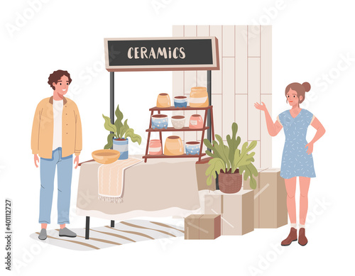 Ceramics shop vector flat illustration. Happy man in casual clothes choosing and buying bright ceramic pot for plants, young woman in blue dress sailing ceramics. Handmade ceramics store concept.