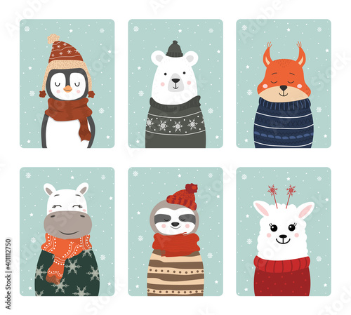 Set of cute winter smiling animals with snowflakes. Cartoon zoo. Vector illustration. Posters for the design of children products in scandinavian style