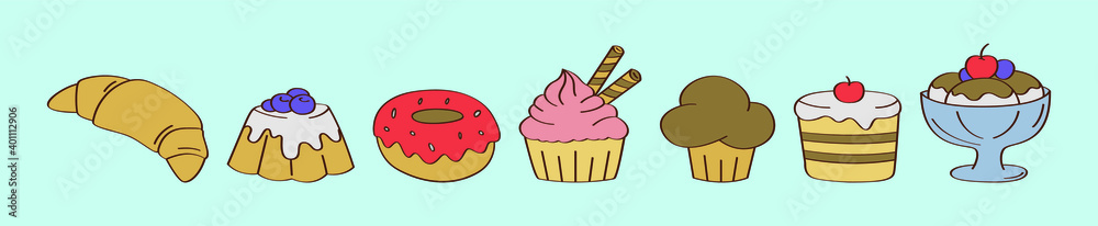 set of sweets dessert food cartoon icon design template with various models. vector illustration isolated on blue background set of sweets dessert food cartoon icon design template with various models. vector illustration isolated on blue background