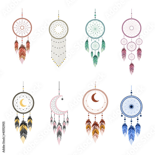 Dream catcher with mandala and feathers. Set of hand drawn indian talisman. Ethnic bohemian design element. Vector hipster illustration isolated on white background. Flat boho style.