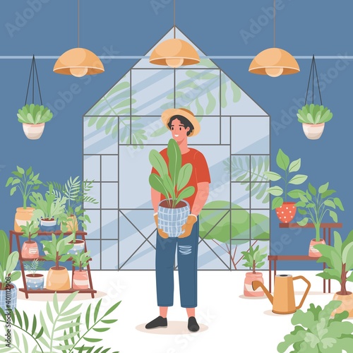 Flower shop interior vector flat design. Happy smiling man in casual clothes holding pot and selling plants. Shelves with green home plants, watering can. Agriculture gardener hobby, garden shop.
