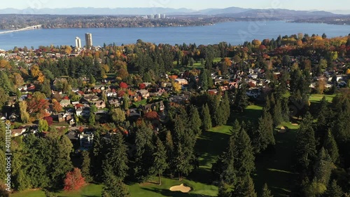 Cinematic drone footage of UW Botanic Gardens, Washington Park Arboretum, Montlake, Broadmoor, Madison Park, Madison Valley, Lake Washington and surrounding suburbs, in King County, Washington photo