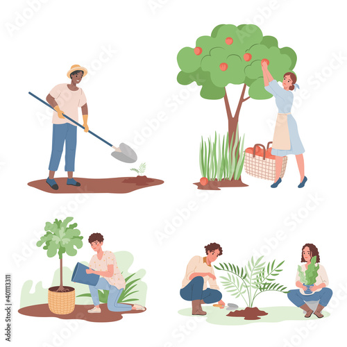 Gardening, agriculture gardener hobby vector flat illustration. Group of happy smiling people working in garden, watering and growing plants, picking apple harvest, digging plants.