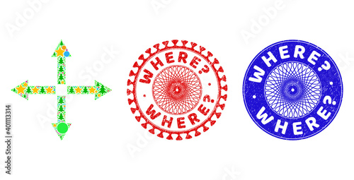 Foto Expand arrows mosaic of New Year symbols, such as stars, fir trees, colored balls, and WHERE? dirty seals