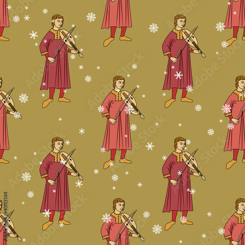 Seamless pattern with medieval musicians playing violin under snowflakes.