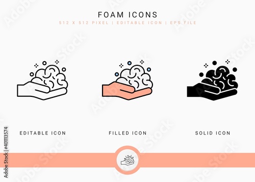 Foam icons set vector illustration with solid icon line style. Bubble soap effervescent concept. Editable stroke icon on isolated background for web design, infographic and UI mobile app.
