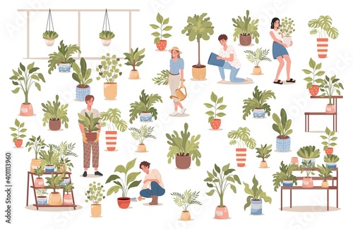Group of happy smiling people in comfortable clothes in flower shop vector flat illustration. Men and women taking care of plants, watering, planting flowers. Agriculture gardener hobby concept.