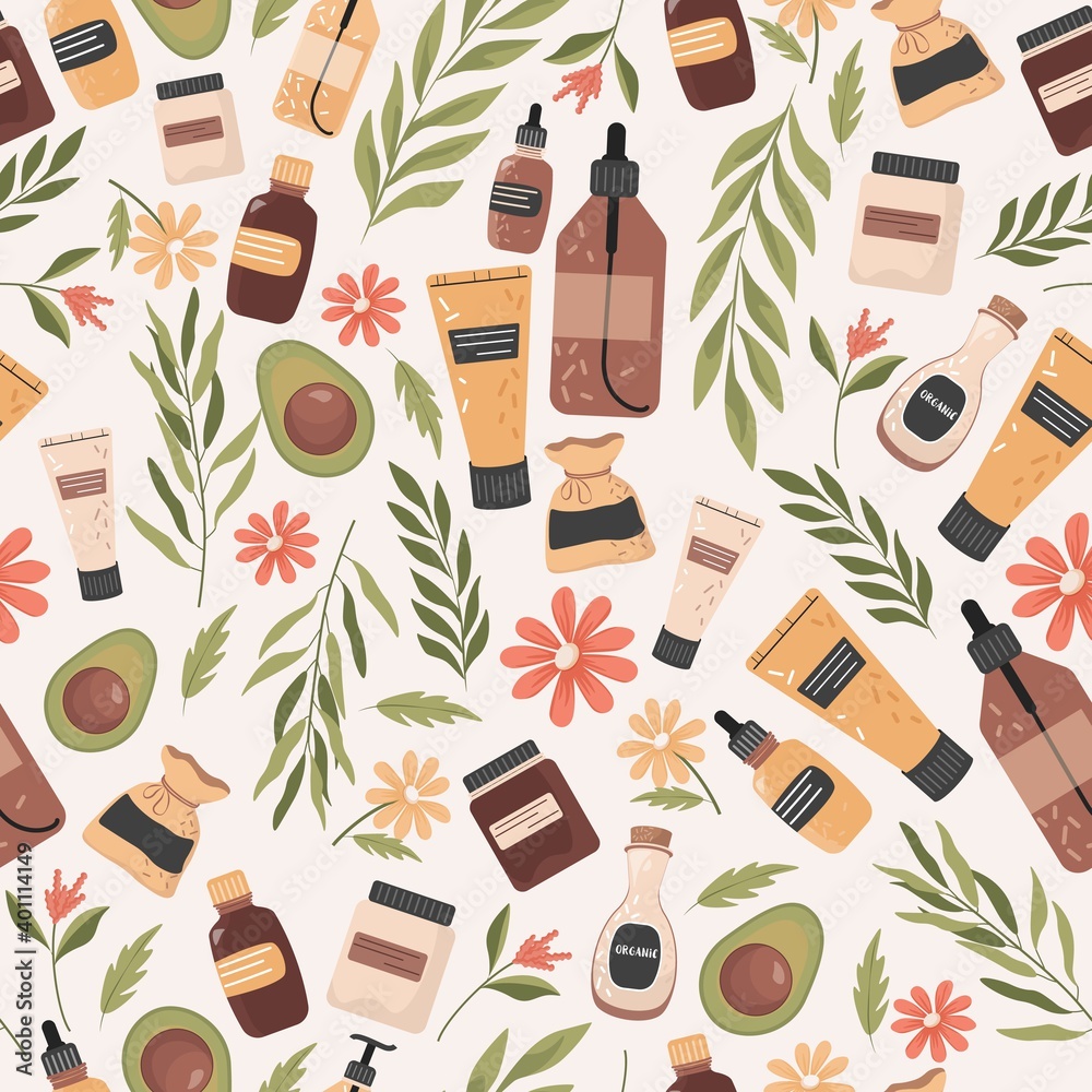 Organic cosmetics vector flat seamless pattern. Bottles, jars and bags with fresh natural cosmetics, herbs, avocado oil, flowers. Beauty and spa, herbal aromatherapy background design.